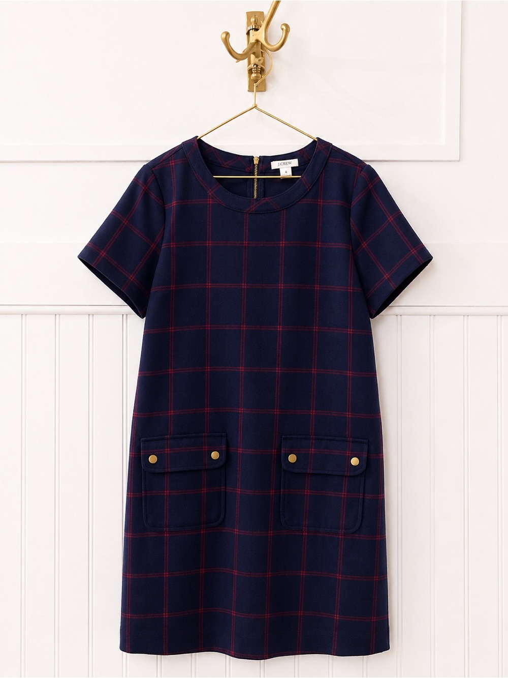 J. Crew Navy and Red Plaid Short Sleeve Shift Dress